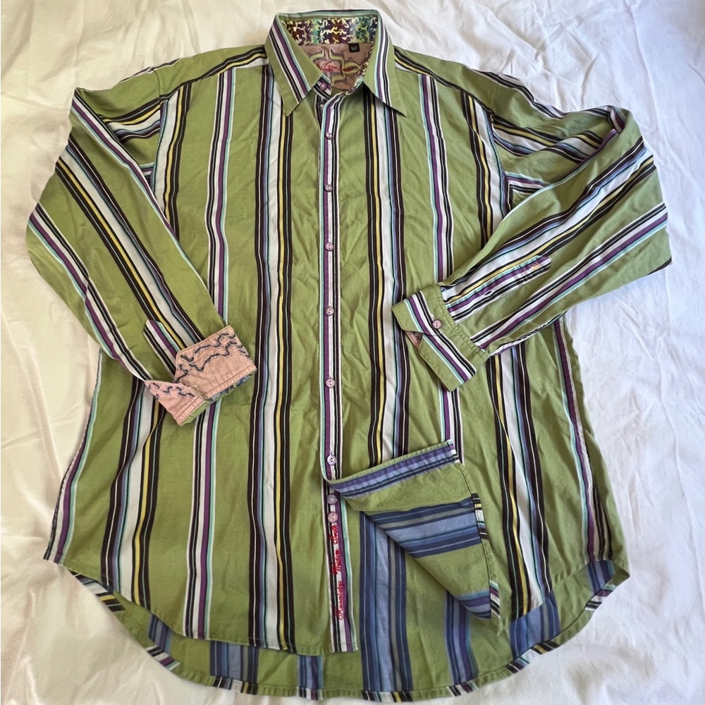 Robert Graham Men’s Green Striped Classic Fit Flip Cuff Long Sleeve Shirt XL